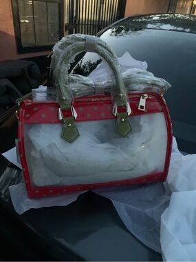 Clear PVC Red Polka Dot Satchel with Olive Handles